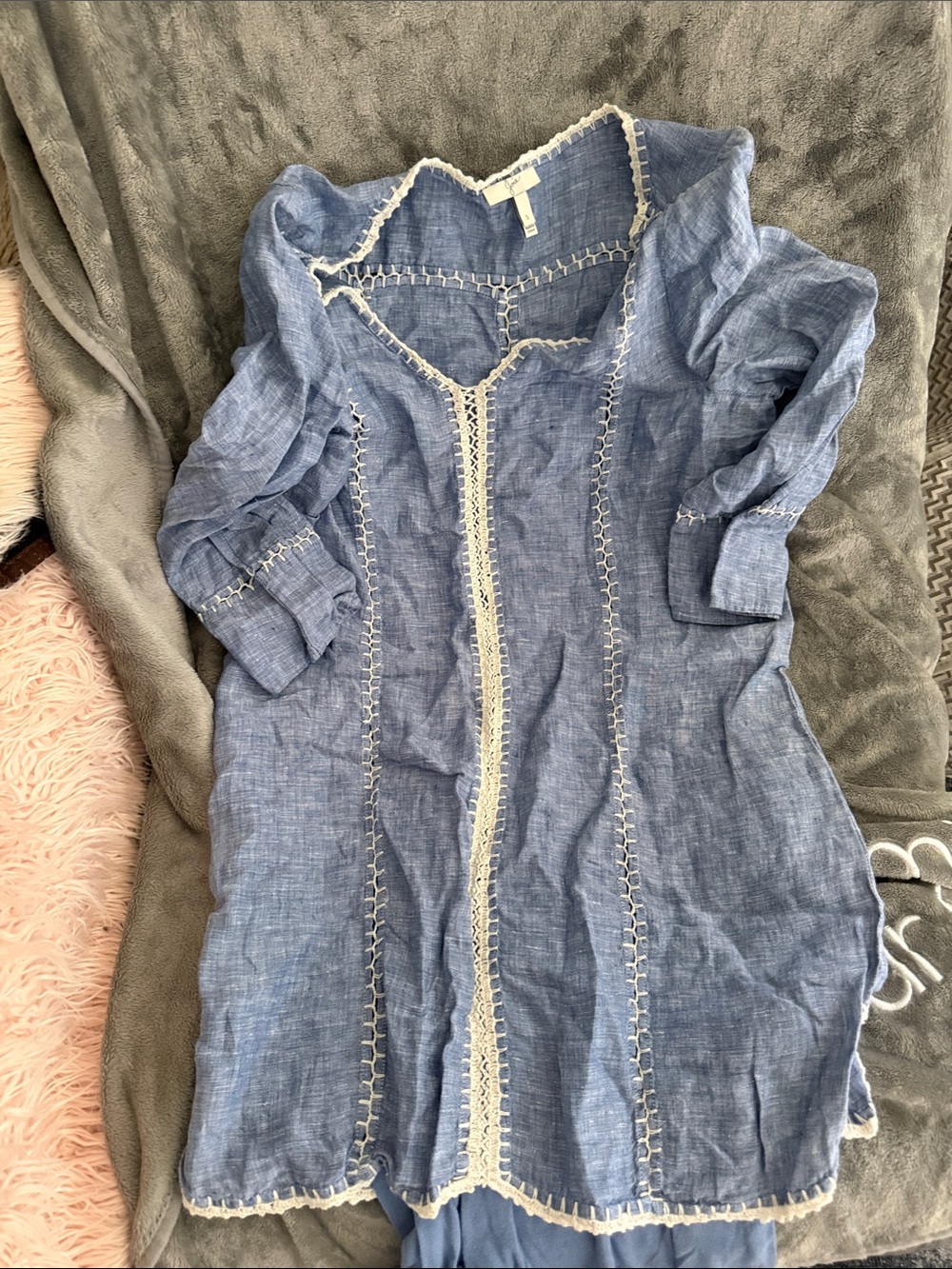 Blue Linen dress lined with Crochet Trim